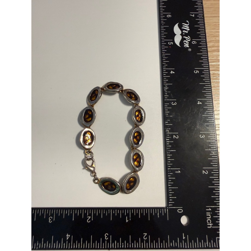 Vintage Mixed Metal Amber Foil Glass Cabochon Bracelet Silver Gold Tone 7.5"